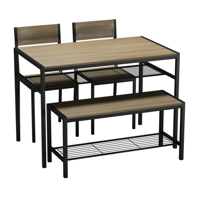 4 Pcs Set Dining Room Table Metal Frame with 2 Matching Chairs and Bench Kitchen Multi Oak