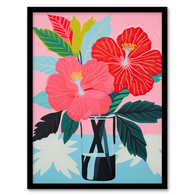 Hibiscus Flowers Vase Stylised Graphic Pink Black Framed Wall Art Print A4