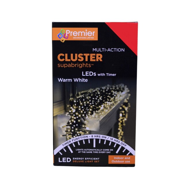 480 LED 6.2m Premier Clusterbrights Indoor Outdoor Multifunction Mains Operated Christmas Cluster Lights with Timer in Warm White
