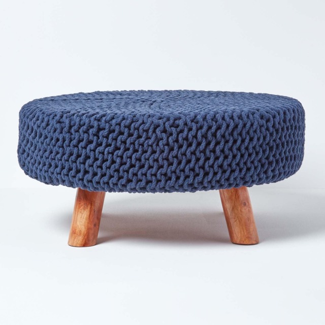 Homescapes Navy Blue Large Round Cotton Knitted Footstool on Legs