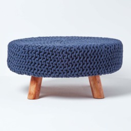 Homescapes Navy Blue Large Round Cotton Knitted Footstool on Legs