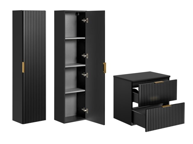 Bathroom Furniture Set Black 600mm Vanity Countertop Unit + Tallboy Ribbed Wall Floating Cabinets - Adel