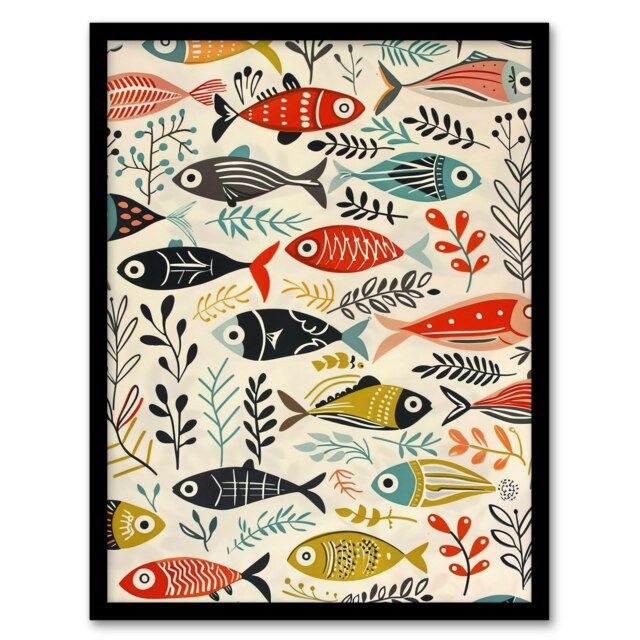 Scandi Fish Sea Kelp Colourful Rustic Kitchen Black Framed Wall Art Print A4