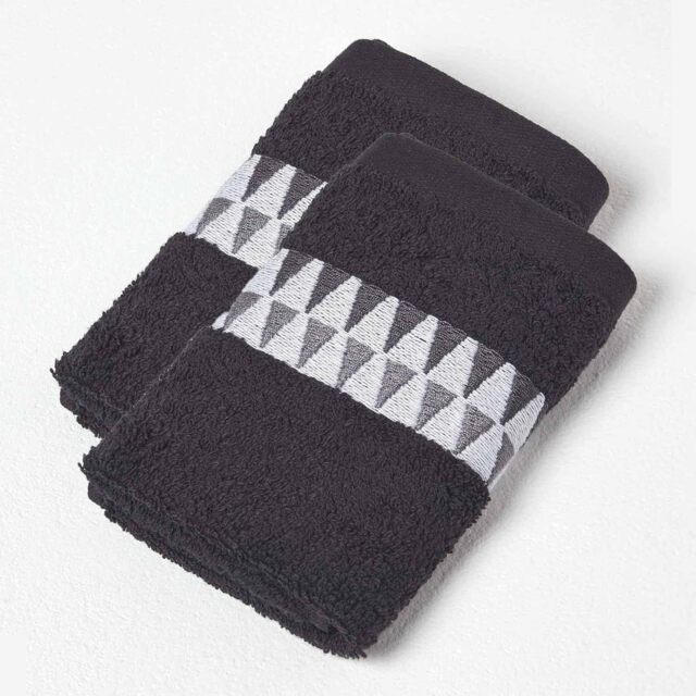Homescapes Geometric 100% Cotton Face Cloth - Set of 2, Black