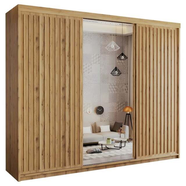Sliding Wardrobes 4U Modern Vertical Panelled Mirror Sliding Wardrobe – 150cm to 250cm, White, Black, Grey, Oak Brown (Oak Strip) 250cm