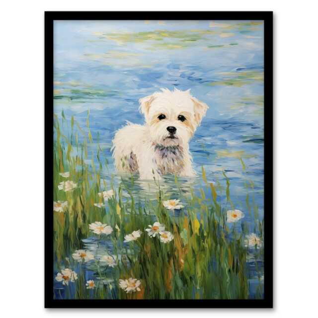 Maltese Dog Claude Monet Style Oil Portrait Black Framed Wall Art Print A4