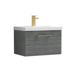 Balterley Wall Hung Bathroom 1 Drawer Vanity Unit & 1 Tap Hole Ceramic Basin, & Handle Brown Solace Oak