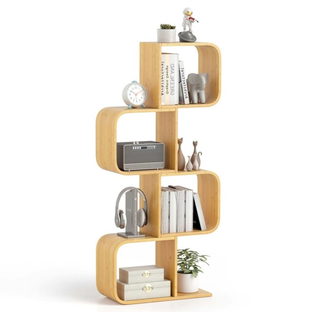 COSTWAY 4-TierS-Shaped Bookcase, Bamboo Bookshelf Brown