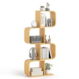 COSTWAY 4-TierS-Shaped Bookcase, Bamboo Bookshelf Brown