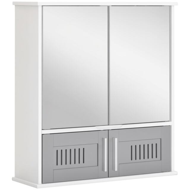 kleankin Bathroom Mirror Cabinet Wall Mount Storage Unit Double Doors, Grey