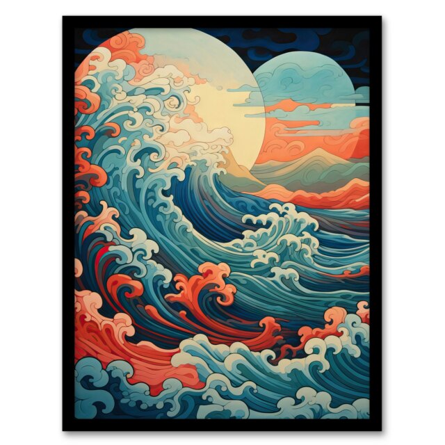 Sea Waves Sunset Seascape Pink Red Great Wave Black Framed Wall Art Print A4