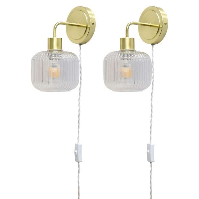 Set of 2 Toby - Satin Brass Plug in Wall Lights Barrel Ribbed Glass