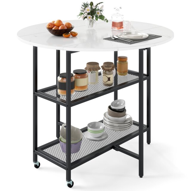COSTWAY Round Modern Dining Table w/Drop Leaf Tabletop-White