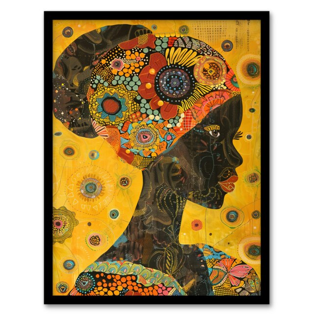 African Woman Portrait Colourful Detailed Black Framed Wall Art Print A4