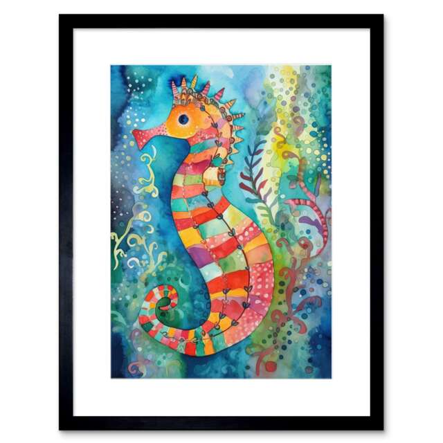 "Seahorse Aquatic Plants Folk Art 9x7"" Black Framed Wall Art Print"