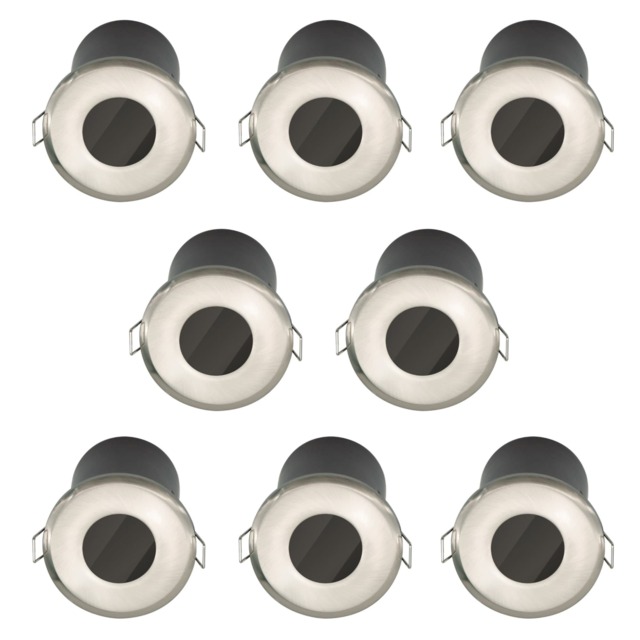 Set of 8 Fire Rated Bathroom Recessed Downlights - Brushed Steel IP65 Chrome Brushed steel plate and clear glass diffuser Large 8