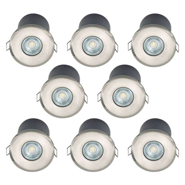 Set of 8 Fire Rated Bathroom Recessed Downlights - Brushed Steel IP65 Chrome Brushed steel plate and clear glass diffuser Large 8