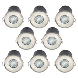 Set of 8 Fire Rated Bathroom Recessed Downlights - Brushed Steel IP65 Chrome Brushed steel plate and clear glass diffuser Large 8