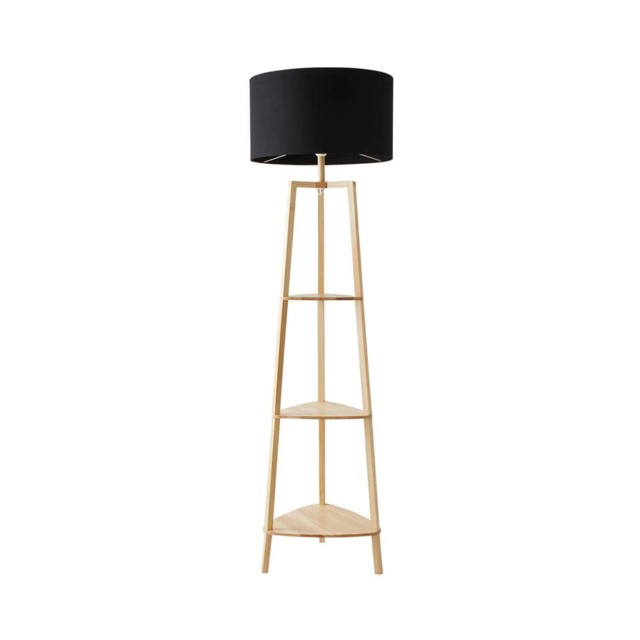 ValueLights Hiru Wooden 3 Tier Shelf Floor Lamp Black Shade and Bulb