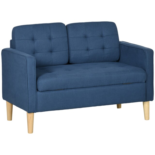 HOMCOM Modern 2 Seater Sofa with Hidden Storage, 117cm Tufted Cotton Couch with Wood Legs, Compact Loveseat for Living Room, Kitchen Blue
