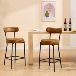 Set of 2 Bar Stools Faux Leather Round Padded Stools with Backrest and Footrest - Brown