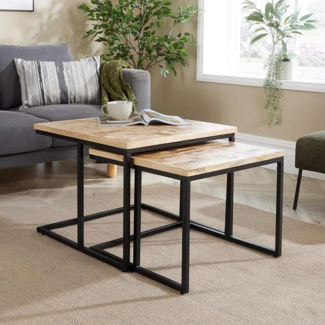 Nest 2 Tables Solid Mango Wood Tabletop Iron Frame Home Living Furniture Storage