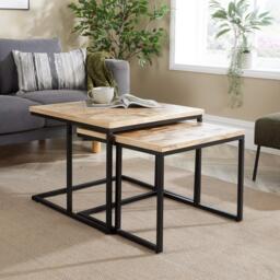 Nest 2 Tables Solid Mango Wood Tabletop Iron Frame Home Living Furniture Storage