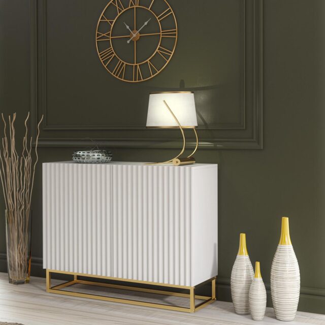ideboard Cabinet TV Unit Storage Cabinet Storage Cupboard White Fluted Doors Gold Legs 100cm
