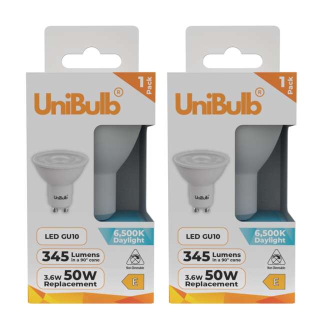 UniBulb LED GU10 345lm 3.6W (Replaces 50W) 6500K (Daylight) Spotlight Downlight Light Bulb - Pack of 2