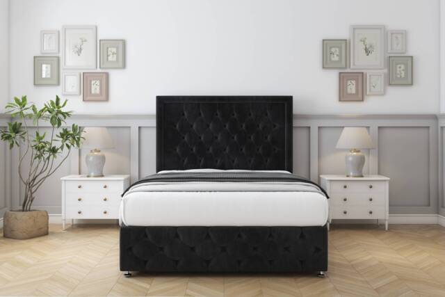 "Sloomy Vienna Black Naples Divan Bed With Mattress 2 Drawers Footend With 26"" Strutted Headboard & 12"" Matching Footboard 4' Small Double Black Black Small Double 1"