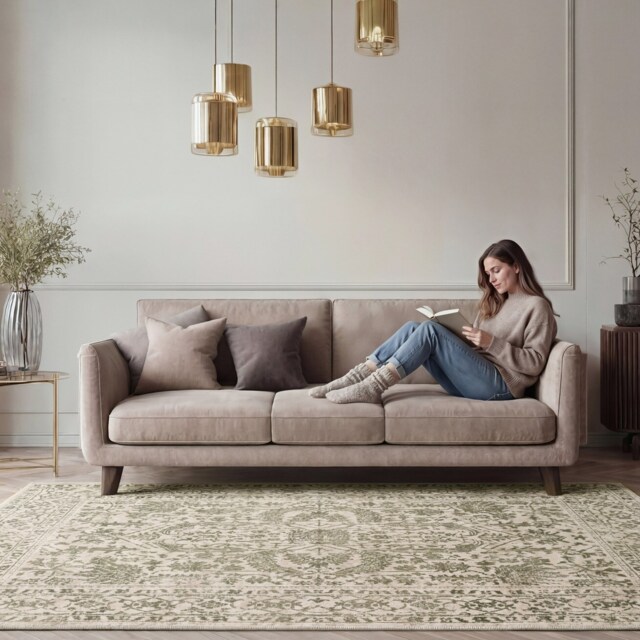 Green Beige Living Room Area Rug Traditional Floral Medallion Runner