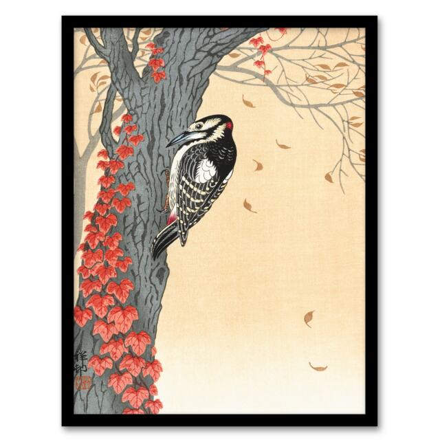 Koson Framed Wall Art Great Spotted Woodpecker on Tree With Red Ivy Home Décor