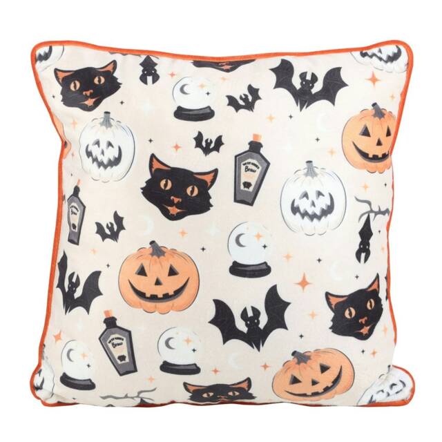 Something Different Spooky Cat And Pumpkin Square Filled Cushion - White/Black/Orange - 35cm x 35cm