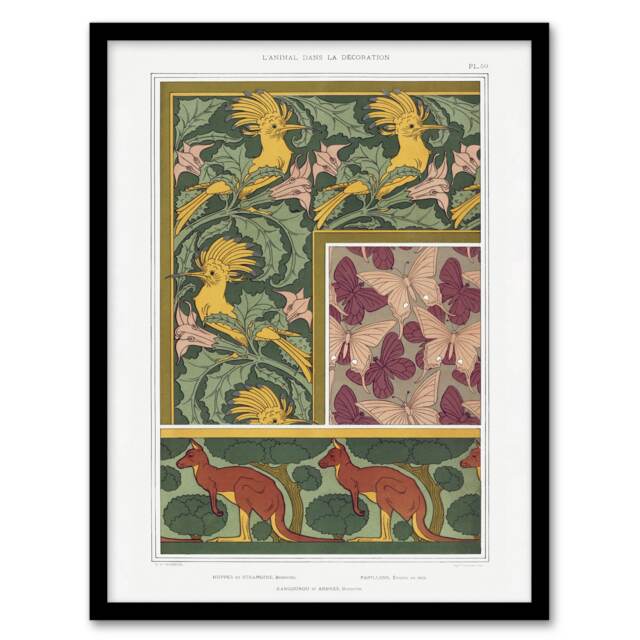 "Birds Butterflies Kangaroo Pattern Framed Wall Art Print Verneuil 12x16"""