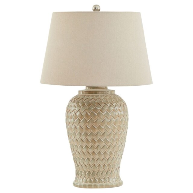 Woven Table Lamp with Linen Shade - Ceramic - L40 x W40 x H70 cm - White Gold