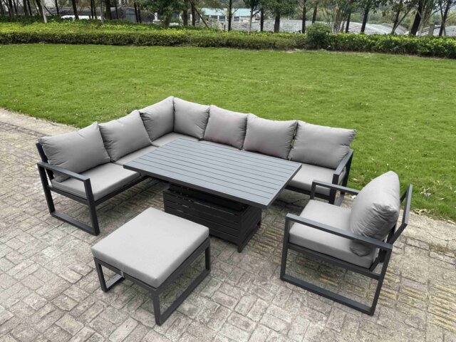 Fimous Aluminium Garden Furniture Sets,8 Seater Outdoor Conversational Dining Set with Adjustable Rising Lifting Dining Table Cushions for Yard,Poolside, Patio, Dark Grey