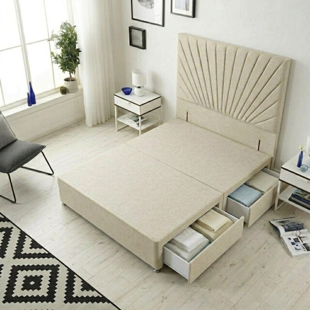 Sunburst Divan Bed with 2 Drawers & 54'' Floor Standing Headboard Tweed Fabric Brown Natural