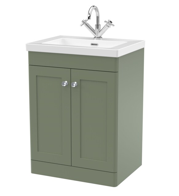 Balterley Swynnerton Traditional 2 Door Floor Standing Vanity Unit with Fireclay Basin, Satin Green, 600mm