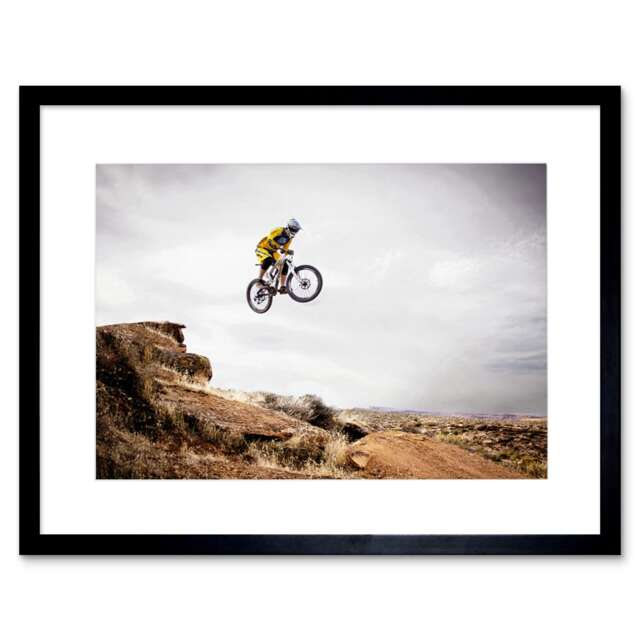 "Sport Mountain Bike Jump Sky Big Air Home Decor 12x16"" Framed Wall Art Print"