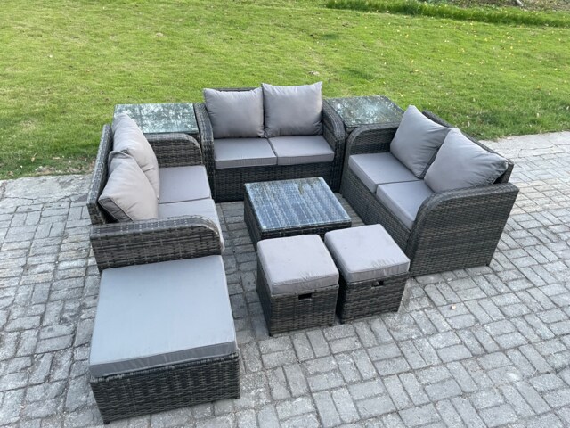 Fimous 9 Seater Outdoor Garden Furniture Sets Wicker Rattan Furniture Sofa Sets with Square Coffee Table Love seat Sofa 3 Footstools 2 Side Tables