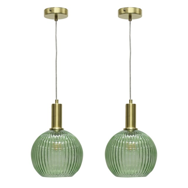 Set of 2 Betchley - Green Ribbed Glass Globe Satin Brass Deco Pendants