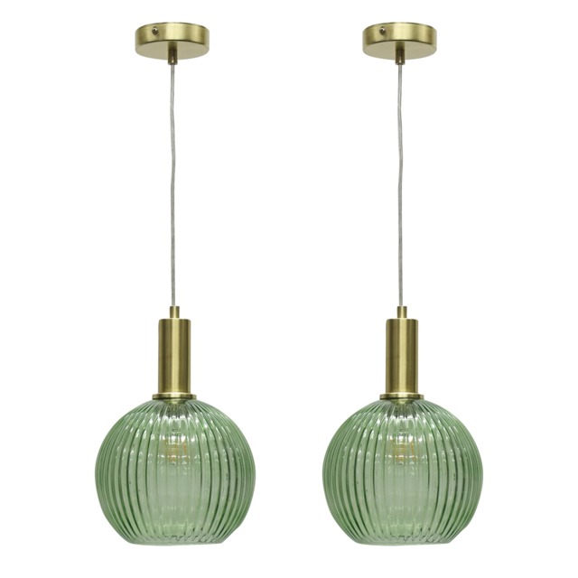 Set of 2 Betchley - Green Ribbed Glass Globe Satin Brass Deco Pendants