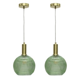 Set of 2 Betchley - Green Ribbed Glass Globe Satin Brass Deco Pendants