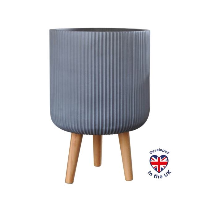Ribbed Grey Cylinder Planter on Legs, Round Pot Plant Stand Indoor D30.5 H46 cm, 18.5 ltrs Cap.