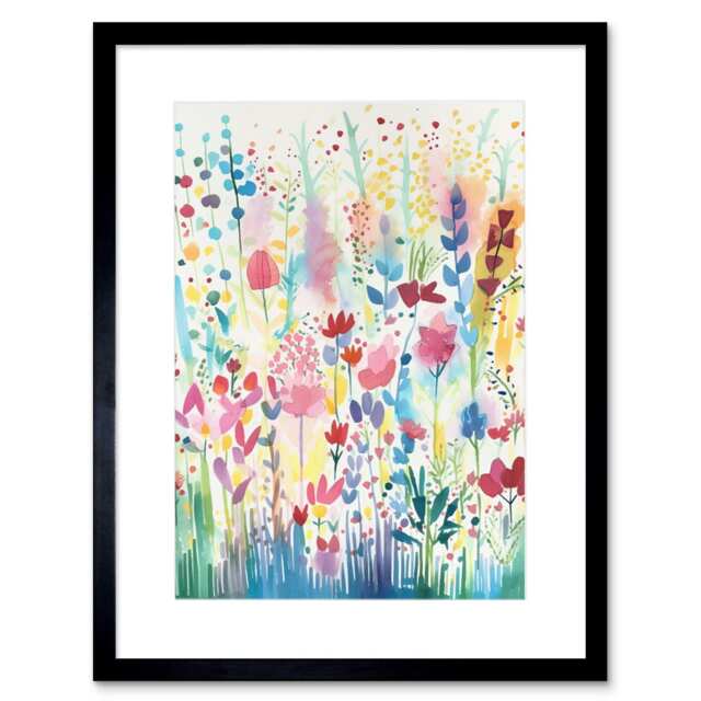 "Soft Pastel Wildflower Floral Folk Art 9x7"" Black Framed Wall Art Print"