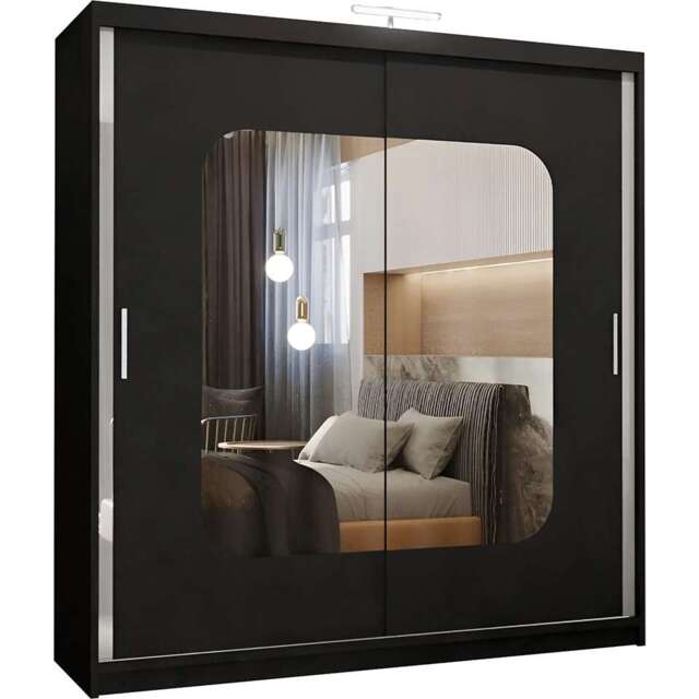 Modern Mirror Sliding Wardrobe with Gloss Strips & Storage