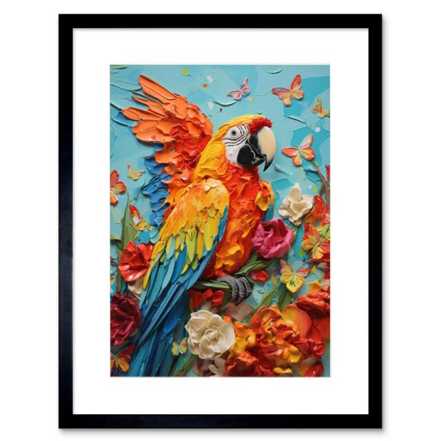 "Vibrant Macaw Parrot Butterflies Flowers 9x7"" Black Framed Wall Art Print"