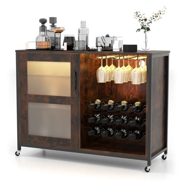 COSTWAY Wine Bar Cabinet Liquor Buffet Sideboard with Wheels Brown