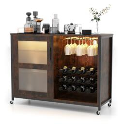 COSTWAY Wine Bar Cabinet Liquor Buffet Sideboard with Wheels Brown