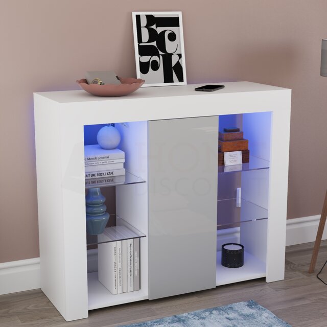 Vida Designs Azura 1 Door LED Large Sideboard Buffet Cabinet Storage, White & Grey White White & Grey 1